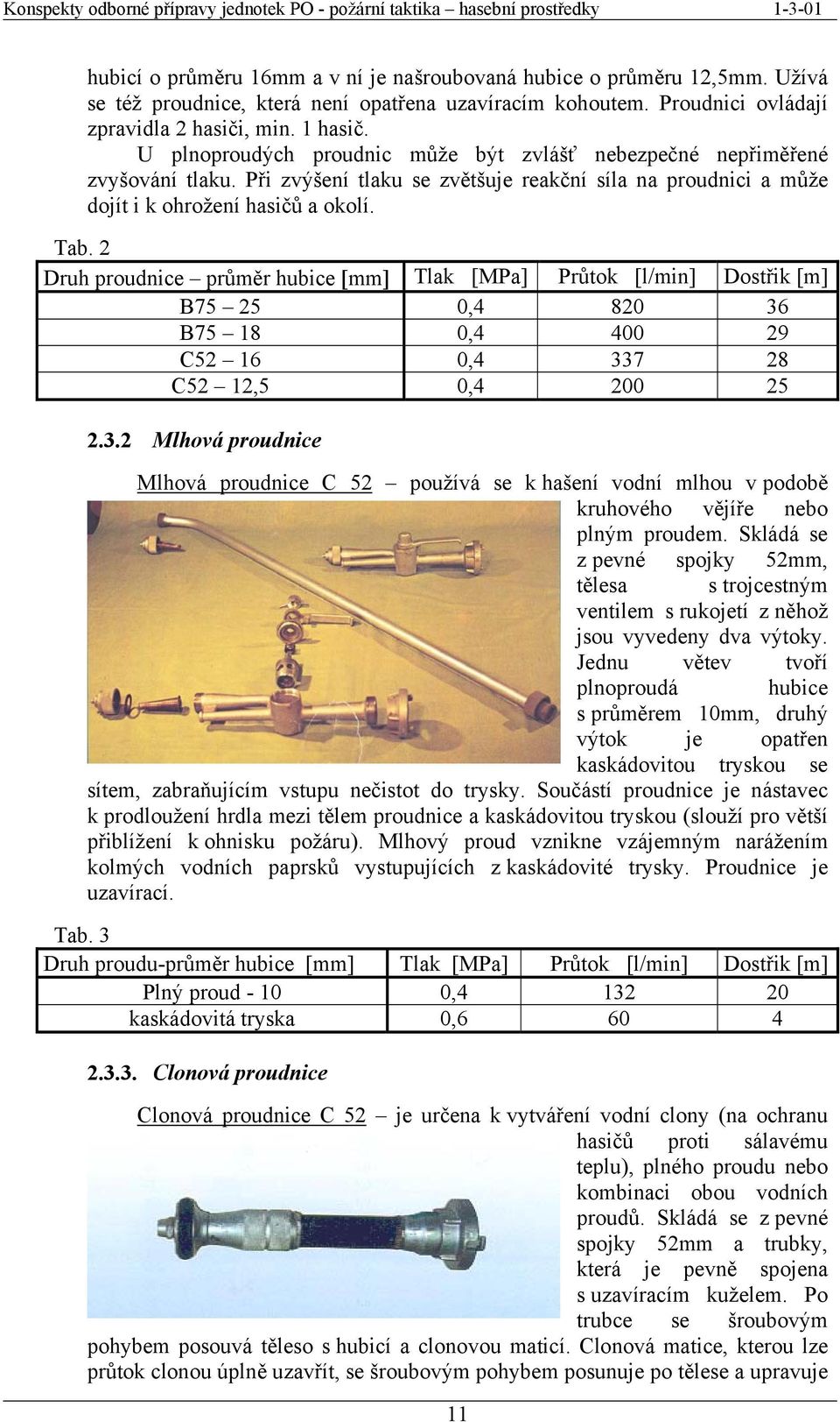 2 Druh proudnice průměr hubice [mm] Tlak [MPa] Průtok [l/min] Dostřik [m] B75 25 0,4 820 36