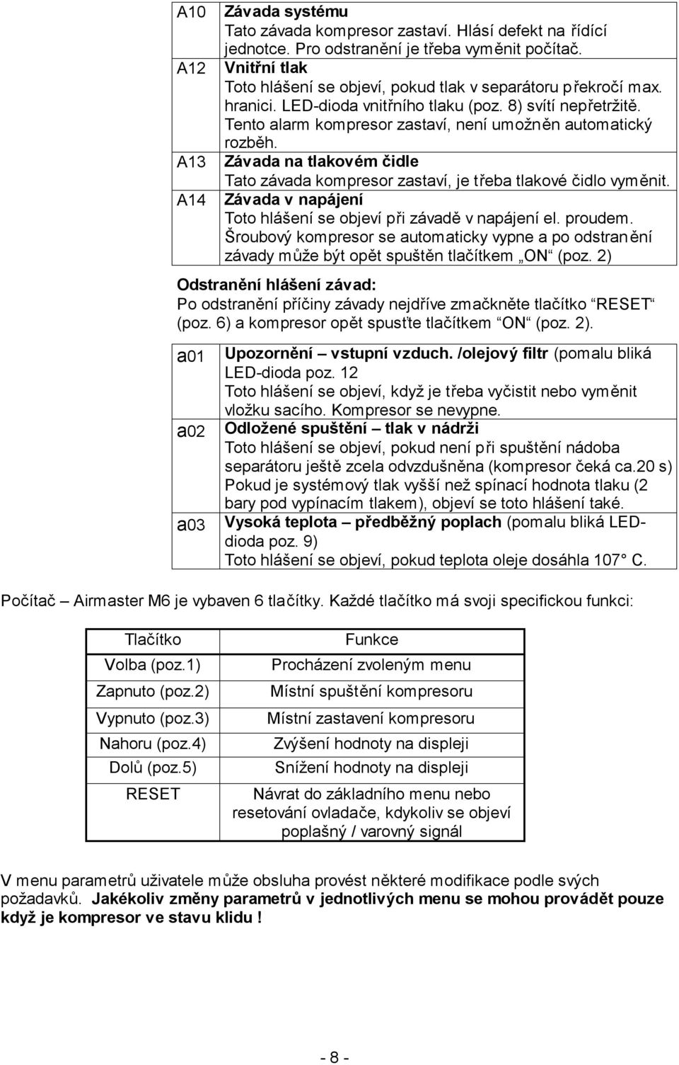 Tento alarm kompresor zastaví, není umožněn automatický rozběh. Závada na tlakovém čidle Tato závada kompresor zastaví, je třeba tlakové čidlo vyměnit.