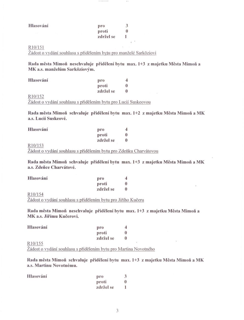 RI0/15 Žádost o vydání souhlasu s pridelením bytu Zdenku Charvátovou Rada mesta Mimon schvaluje pridelení bytu max.l+ z majetku Mesta Mimon a MK a.s. Zdence Charvátové.