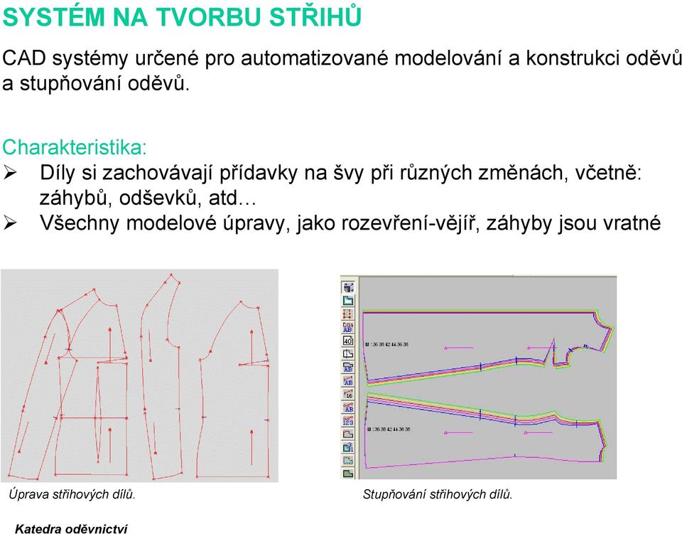 Charakteristika: Díly si zachovávají přídavky na švy při různých změnách, včetně: