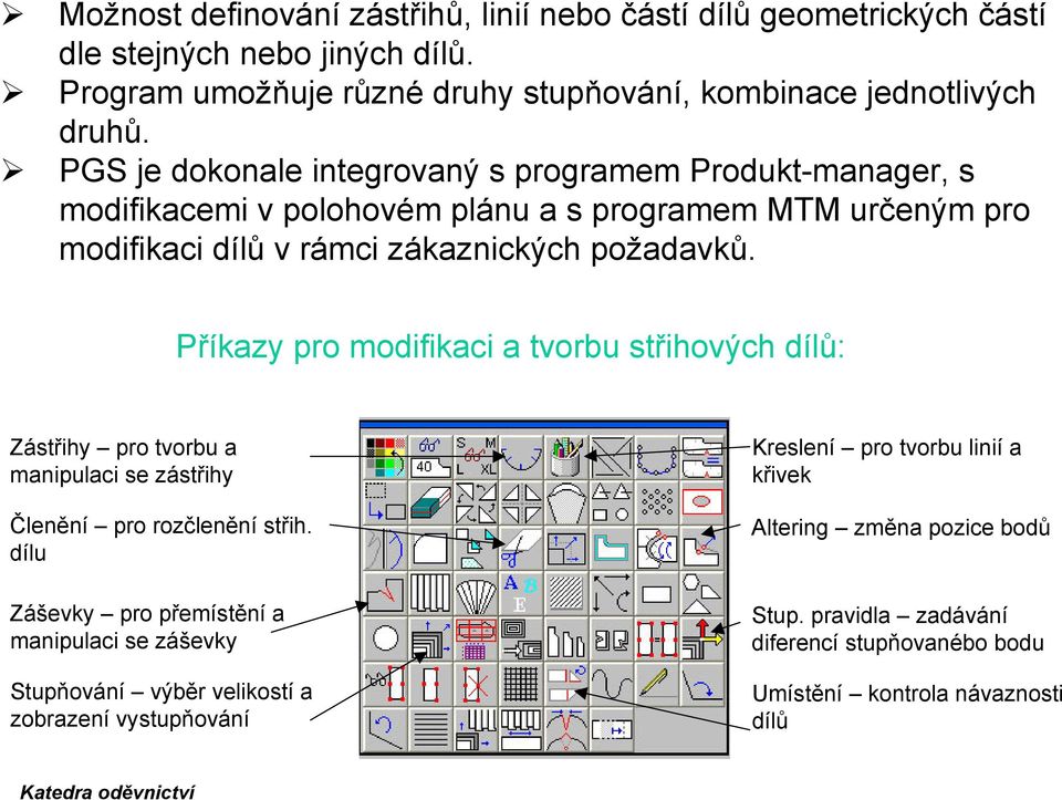 Příkazy pro modifikaci a tvorbu střihových dílů: Zástřihy pro tvorbu a manipulaci se zástřihy Členění pro rozčlenění střih.