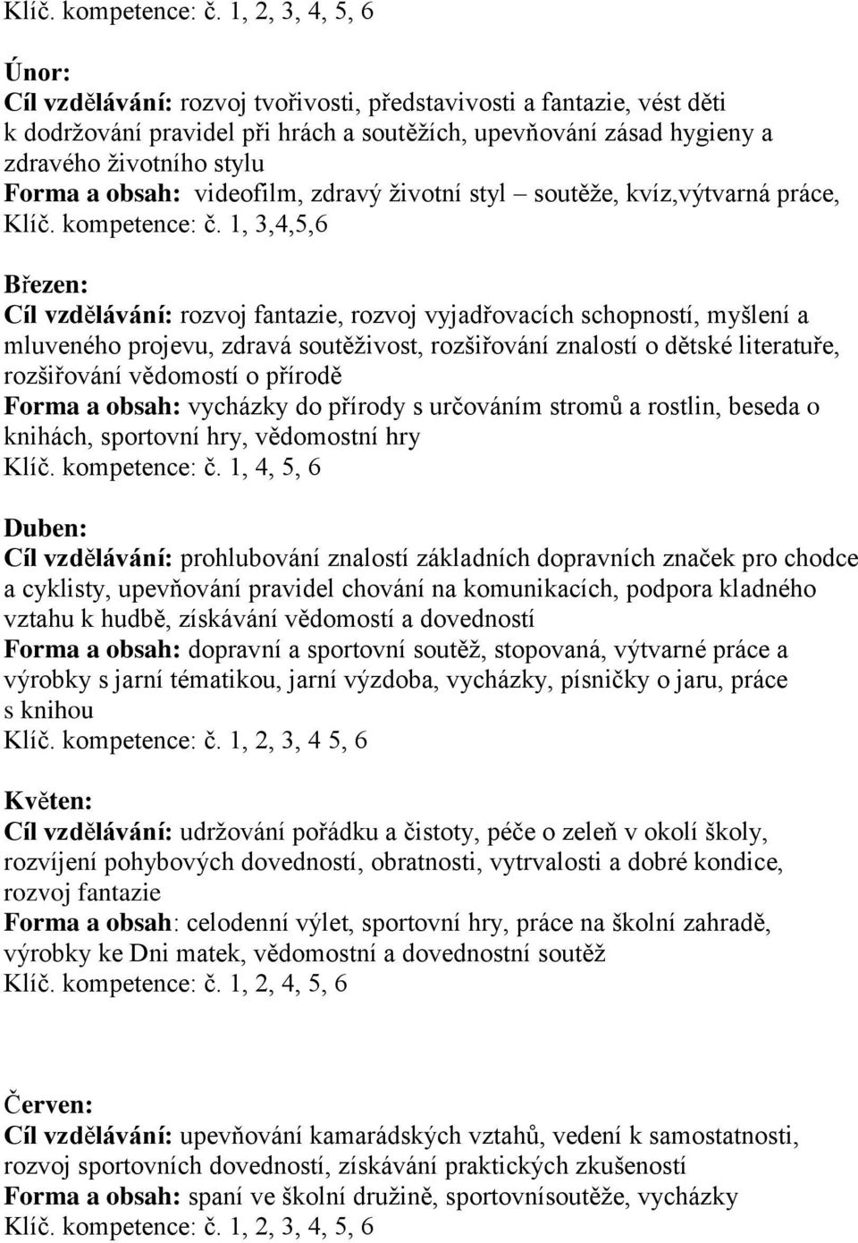 obsah: videofilm, zdravý životní styl soutěže, kvíz,výtvarná práce,  1, 3,4,5,6 Březen: Cíl vzdělávání: rozvoj fantazie, rozvoj vyjadřovacích schopností, myšlení a mluveného projevu, zdravá