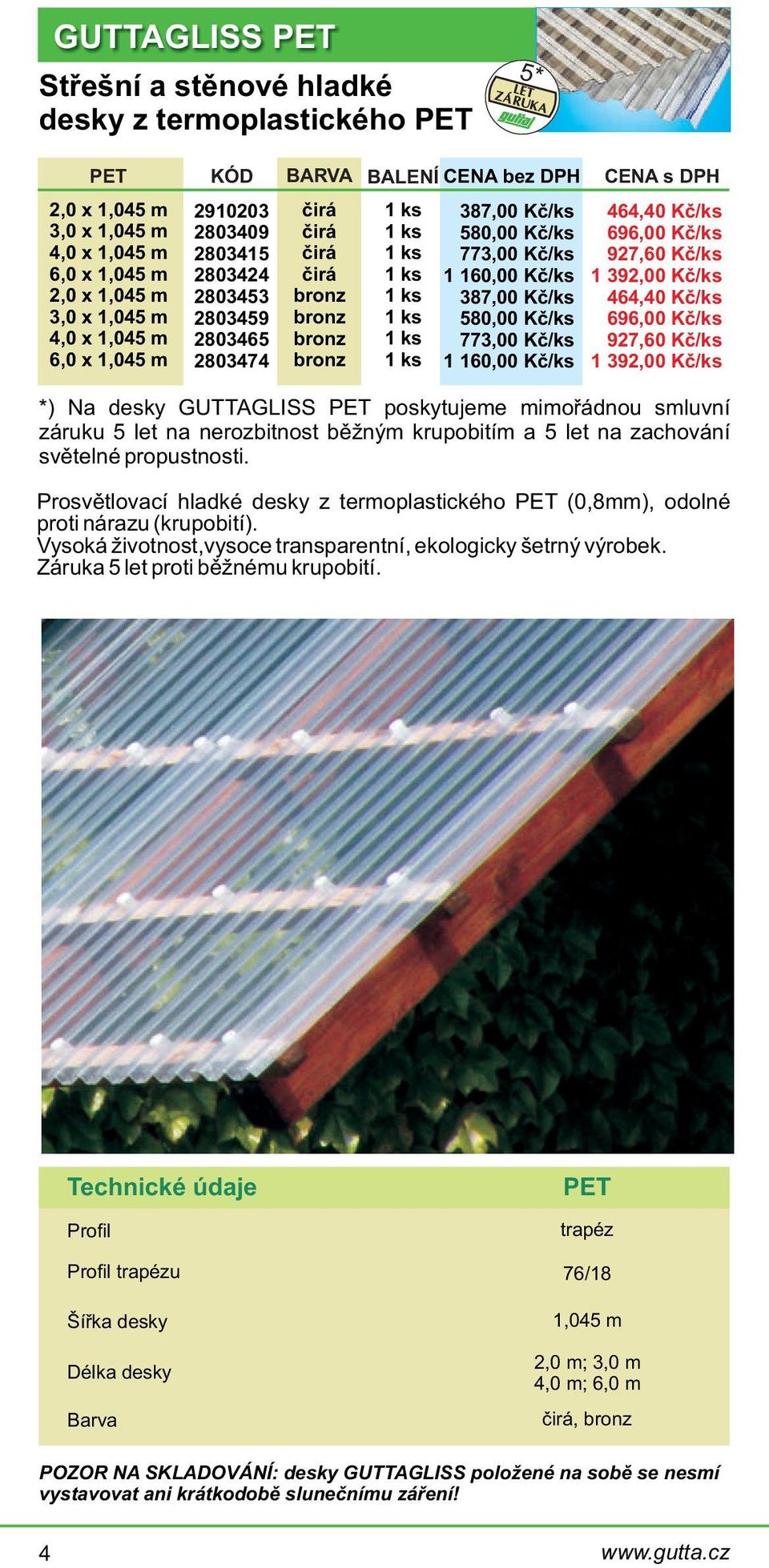 Kè/ks 464,40 Kè/ks 696,00 Kè/ks 97,60 Kè/ks 1 39,00 Kè/ks *) Na desky GUTTAGLISS PET poskytujeme mimoøádnou smluvní záruku 5 let na nerozbitnost bìžným krupobitím a 5 let na zachování svìtelné