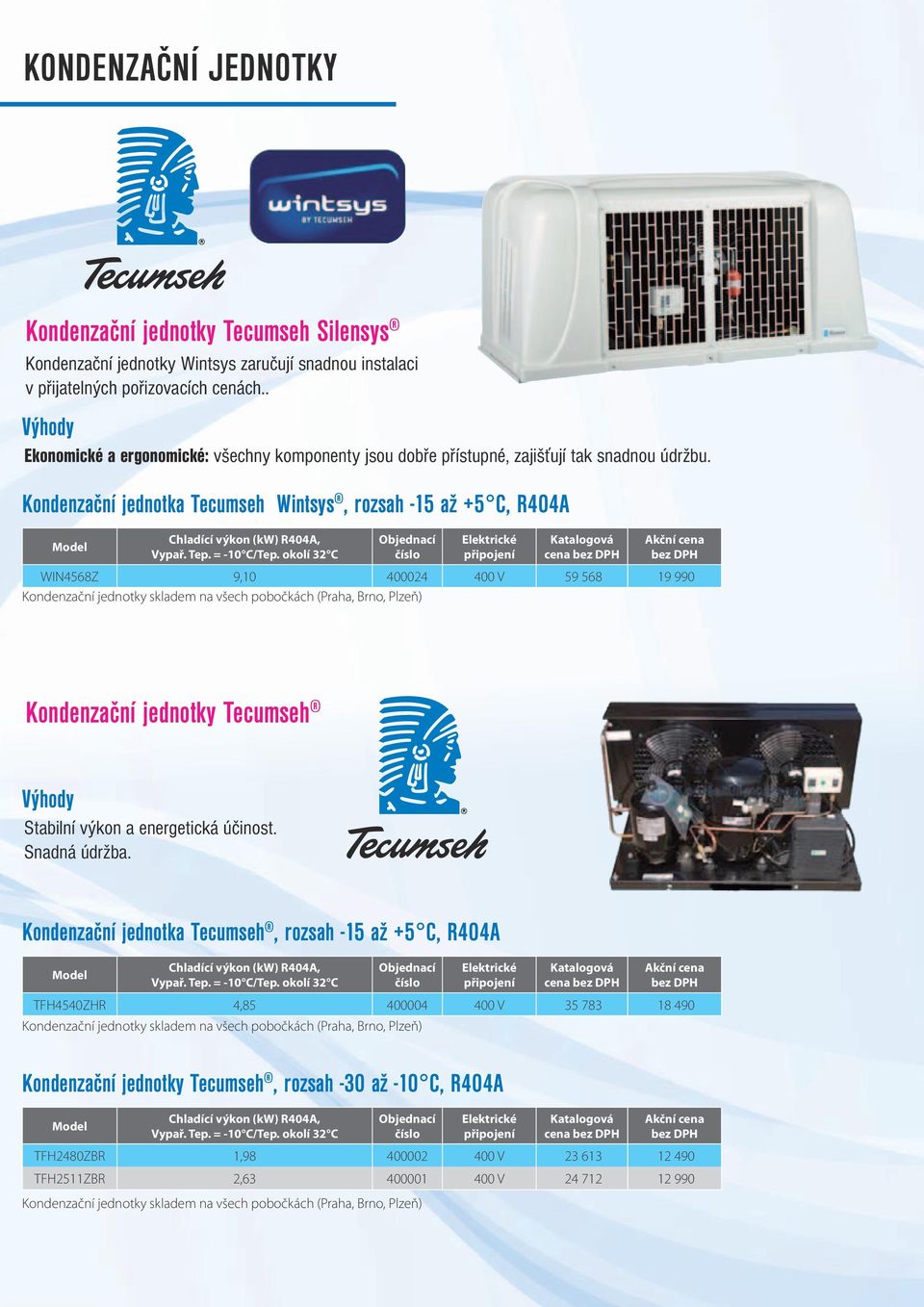 Kondenzační jednotka Tecumseh Wintsys, rozsah -15 až +5 C, R404A cena WIN4568Z 9,10 400024 400 V 59 568 19 990 Kondenzační jednotky Tecumseh Výhody Stabilní výkon a energetická