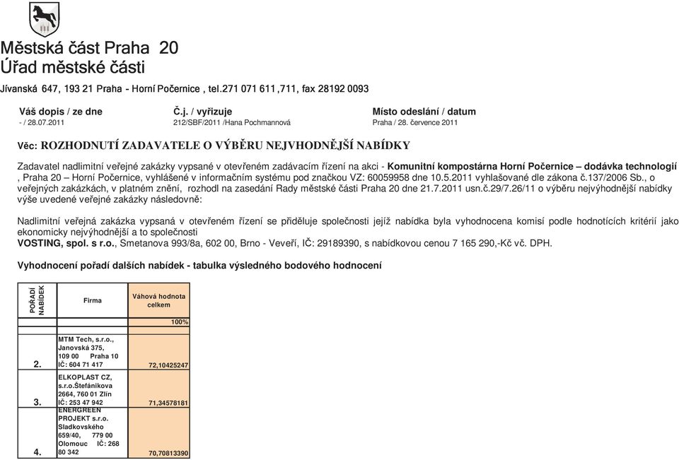 dodávka technologií, Praha 20 Horní Počernice, vyhlášené v informačním systému pod značkou VZ: 60059958 dne 10.5.2011 vyhlašované dle zákona č.137/2006 Sb.