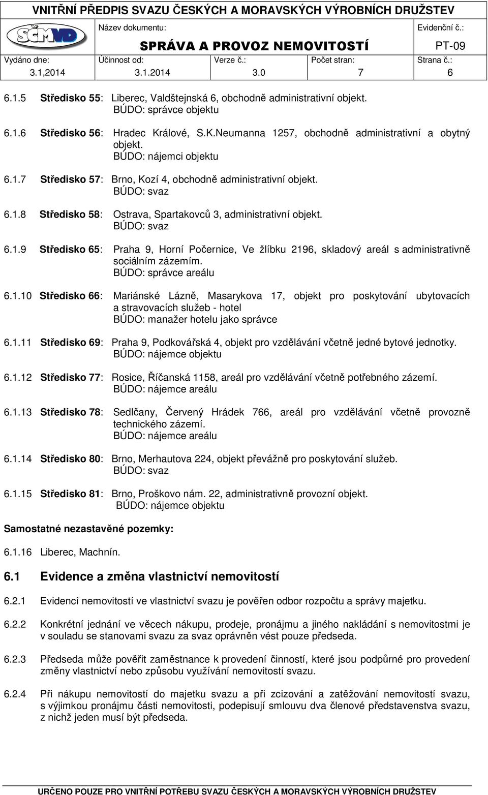 BÚDO: svaz 6.1.9 Středisko 65: Praha 9, Horní Počernice, Ve žlíbku 2196, skladový areál s administrativně sociálním zázemím. BÚDO: správce areálu 6.1.10 Středisko 66: Mariánské Lázně, Masarykova 17, objekt pro poskytování ubytovacích a stravovacích služeb - hotel BÚDO: manažer hotelu jako správce 6.