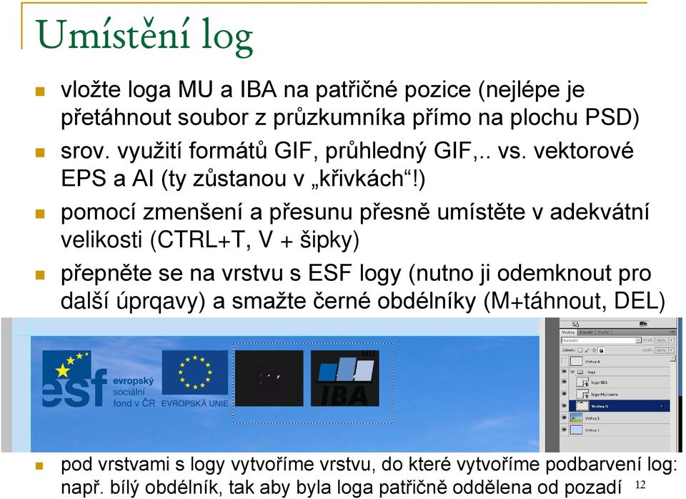 ) pomocí zmenšení a přesunu přesně umístěte v adekvátní velikosti (CTRL+T, V + šipky) přepněte se na vrstvu s ESF logy (nutno ji