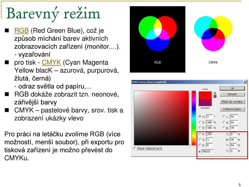 - vyzařování pro tisk - CMYK (Cyan Magenta Yellow black azurová, purpurová, žlutá, černá) - odraz světla od papíru,.