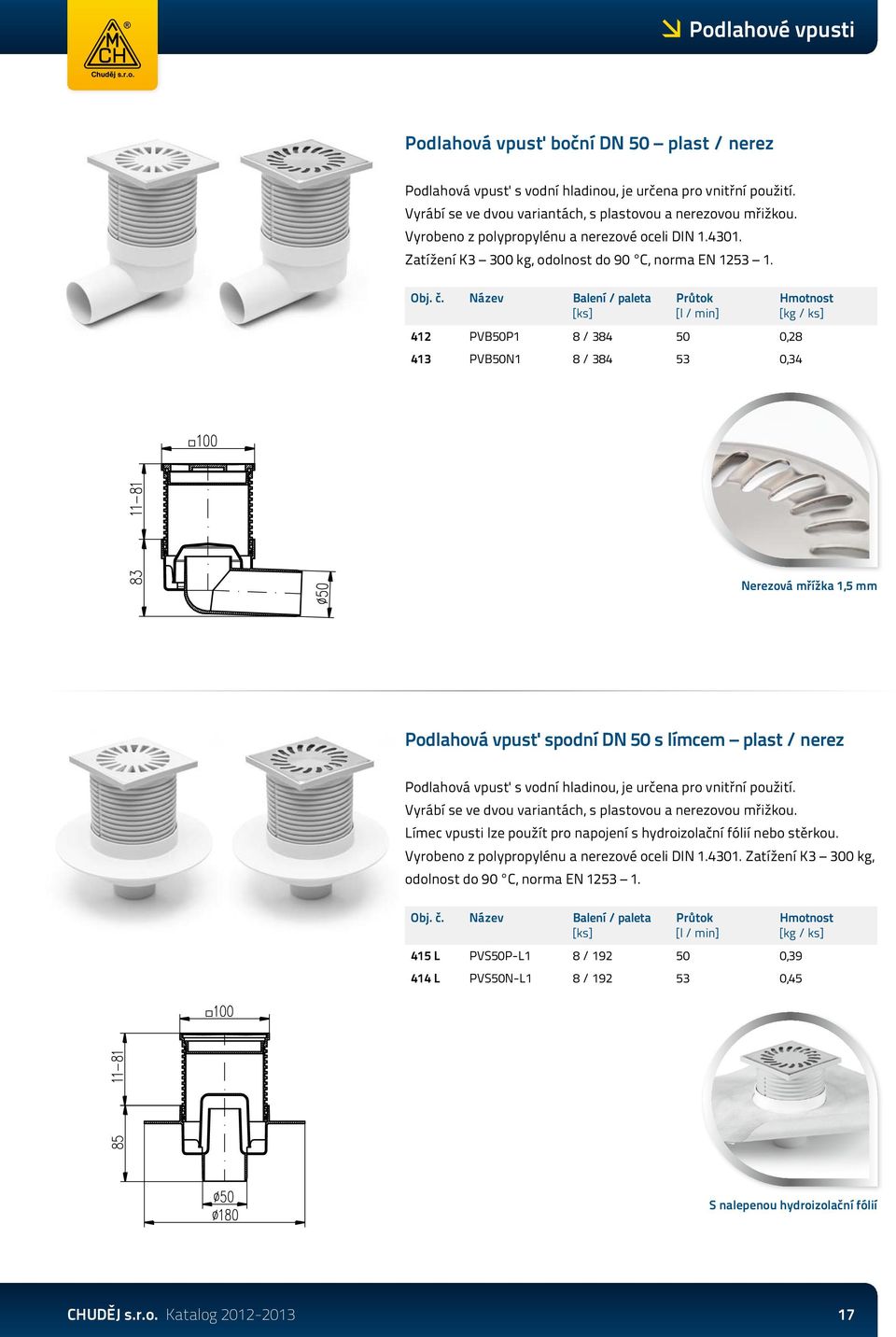 Název Balení / paleta [ks] Průtok [l / min] 412 PVB50P1 8 / 384 50 0,28 413 PVB50N1 8 / 384 53 0,34 Hmotnost [kg / ks] Nerezová mřížka 1,5 mm Podlahová vpusť spodní DN 50 s límcem plast / nerez