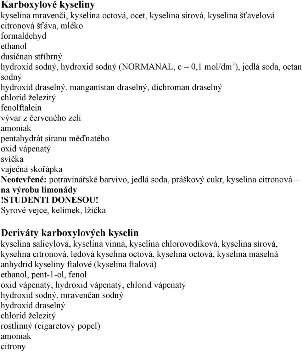 potravinářské barvivo, jedlá soda, práškový cukr, kyselina citronová na výrobu limonády Syrové vejce, kelímek, lžička Deriváty karboxylových kyselin kyselina salicylová, kyselina vinná, kyselina