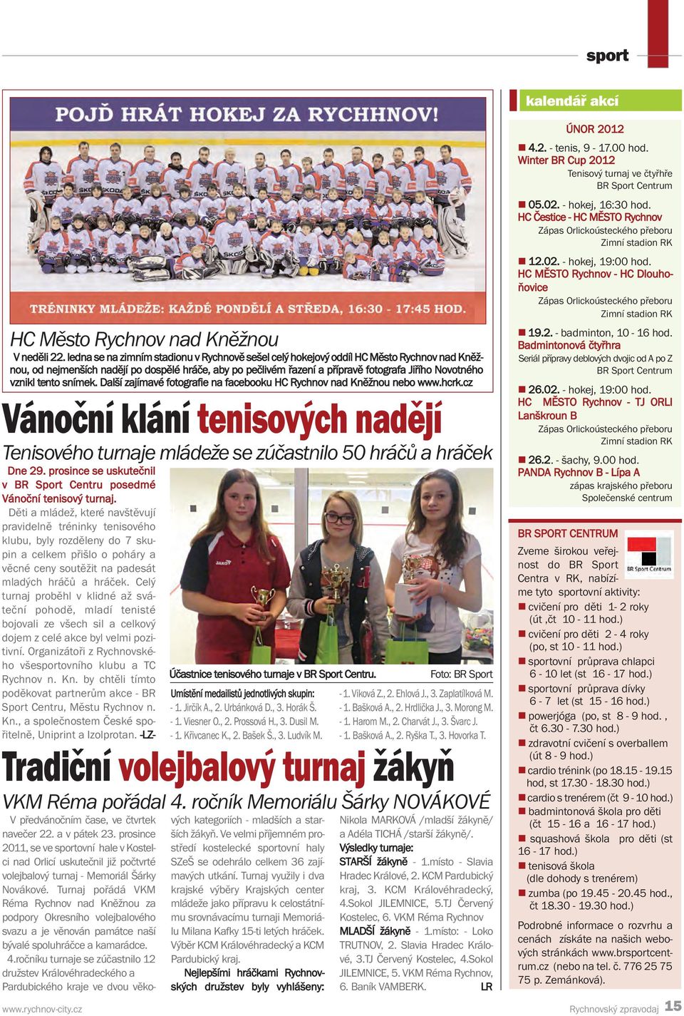 vznikl tento snímek. Další zajímavé fotografie na facebooku HC Rychnov nad Kněžnou nebo www.hcrk.cz Vánoční klání tenisových nadějí Tenisového turnaje mládeže se zúčastnilo 50 hráčů a hráček Dne 29.
