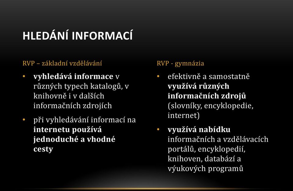 RVP - gymnázia efektivně a samostatně využívá různých informačních zdrojů (slovníky, encyklopedie,