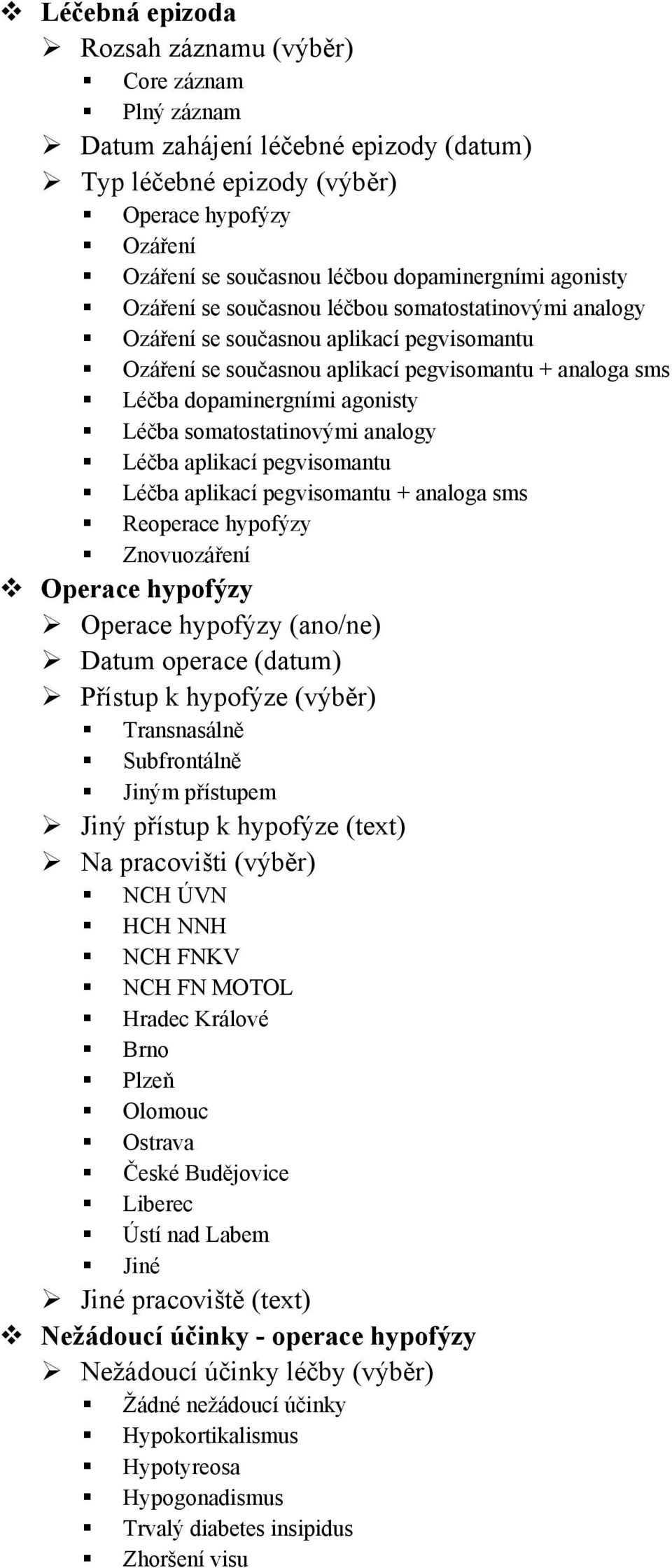 somatostatinovými analogy Léčba aplikací pegvisomantu Léčba aplikací pegvisomantu + analoga sms Reoperace hypofýzy Znovuozáření Operace hypofýzy Operace hypofýzy (ano/ne) Datum operace (datum)