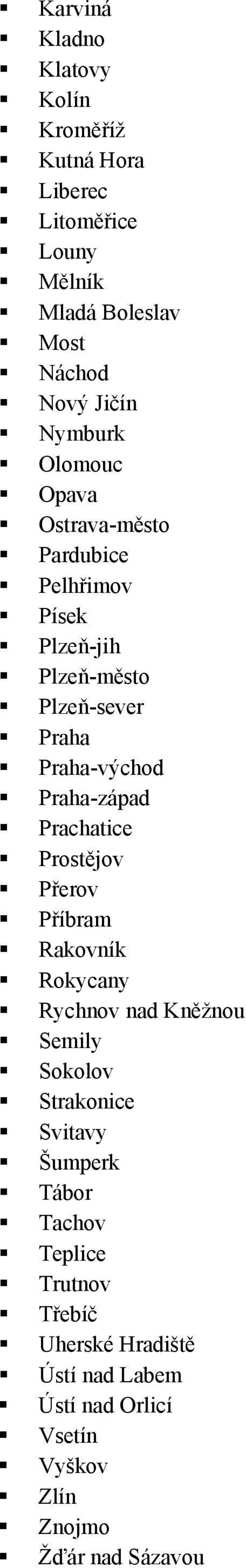 Praha-západ Prachatice Prostějov Přerov Příbram Rakovník Rokycany Rychnov nad Kněžnou Semily Sokolov Strakonice Svitavy