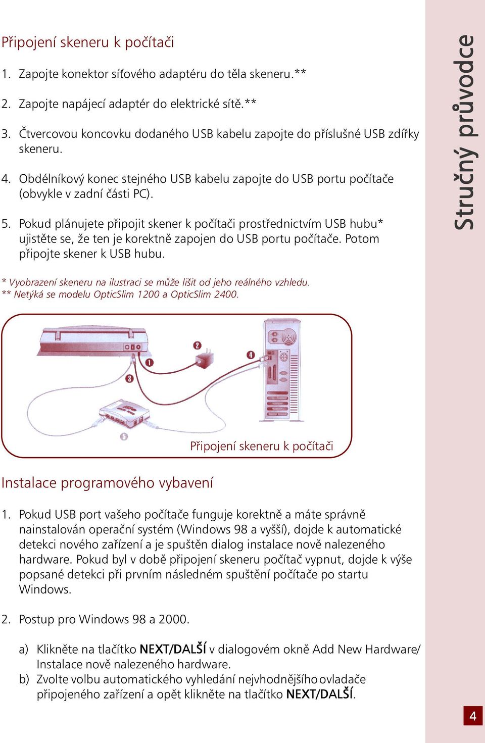 Pokud plánujete připojit skener k počítači prostřednictvím USB hubu* ujistěte se, že ten je korektně zapojen do USB portu počítače. Potom připojte skener k USB hubu.