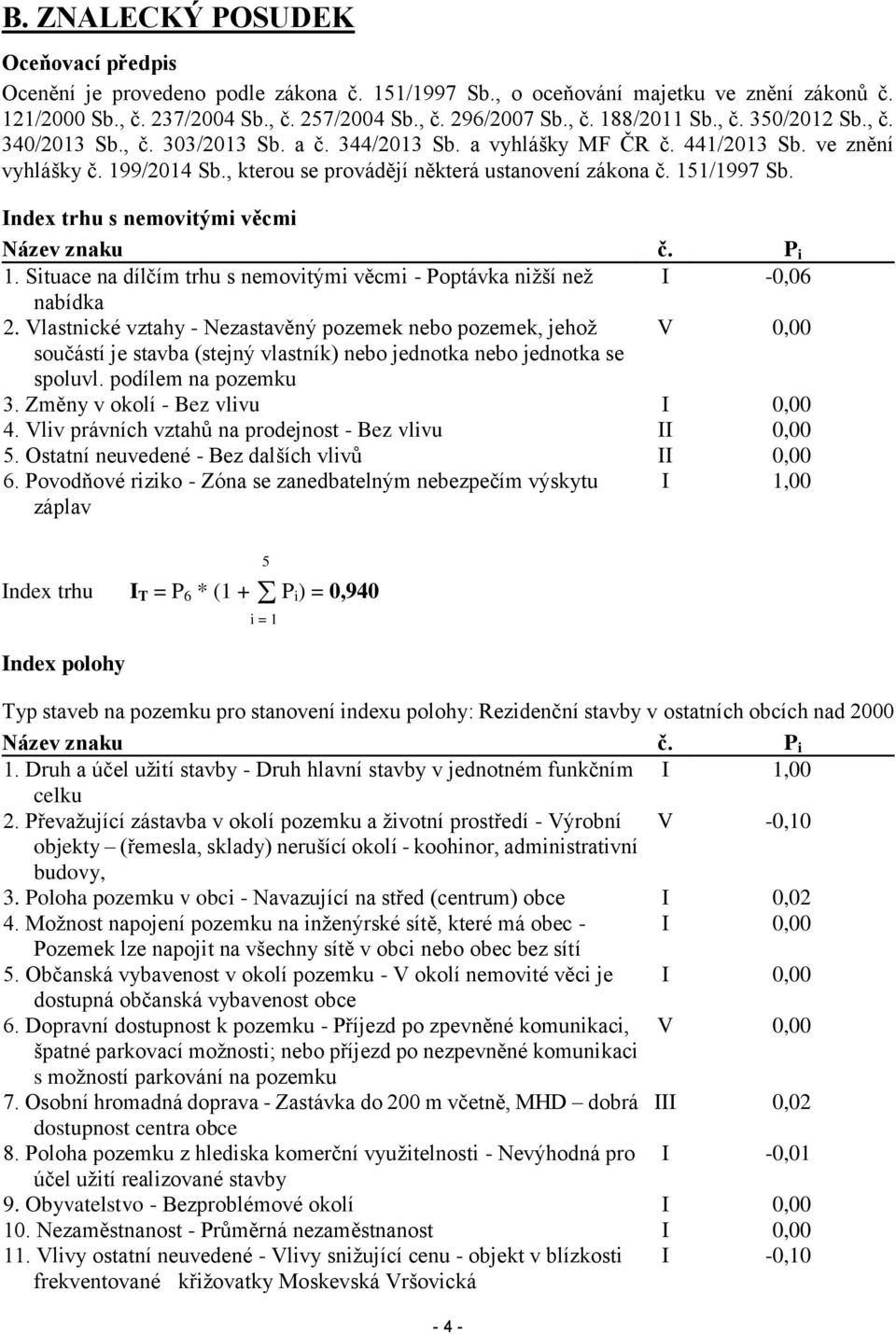 Index trhu s nemovitými věcmi Název znaku č. P i 1. Situace na dílčím trhu s nemovitými věcmi - Poptávka nižší než I -0,06 nabídka 2.