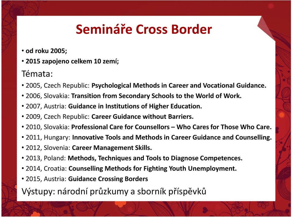 2010, Slovakia: Professional Care for Counsellors Who Cares for Those Who Care. 2011, Hungary: Innovative Tools and Methods in Career Guidance and Counselling.