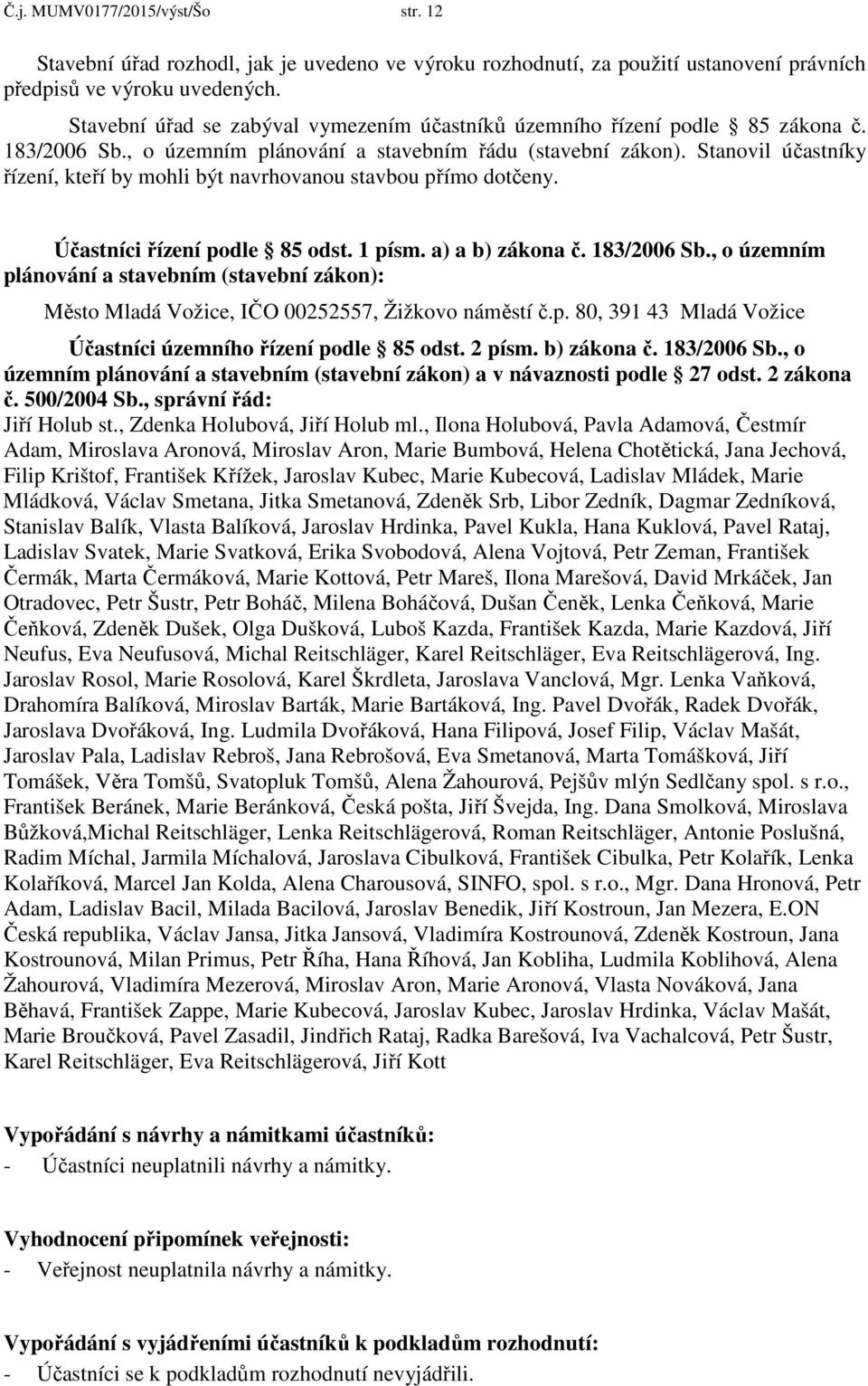 Stanovil účastníky řízení, kteří by mohli být navrhovanou stavbou přímo dotčeny. Účastníci řízení podle 85 odst. 1 písm. a) a b) zákona č. 183/2006 Sb.