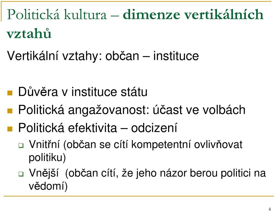 volbách Politická efektivita odcizení Vnitřní (občan se cítí kompetentní