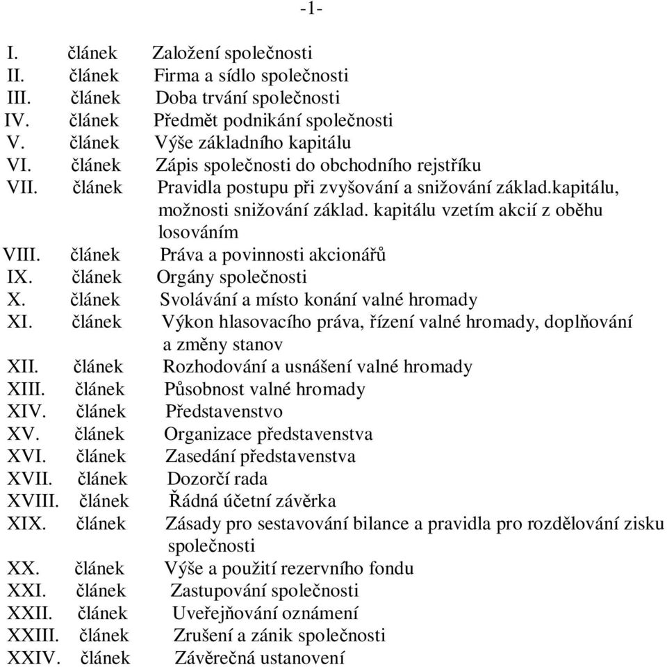 článek Práva a povinnosti akcionářů IX. článek Orgány společnosti X. článek Svolávání a místo konání valné hromady XI.