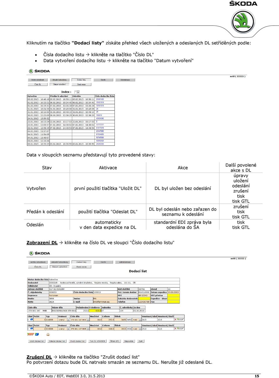 Odeslán použití tlačítka "Odeslat DL" automaticky v den data expedice na DL DL byl odeslán nebo zařazen do seznamu k odeslání standardní EDI zpráva byla odeslána do ŠA Další povolené akce s DL úpravy