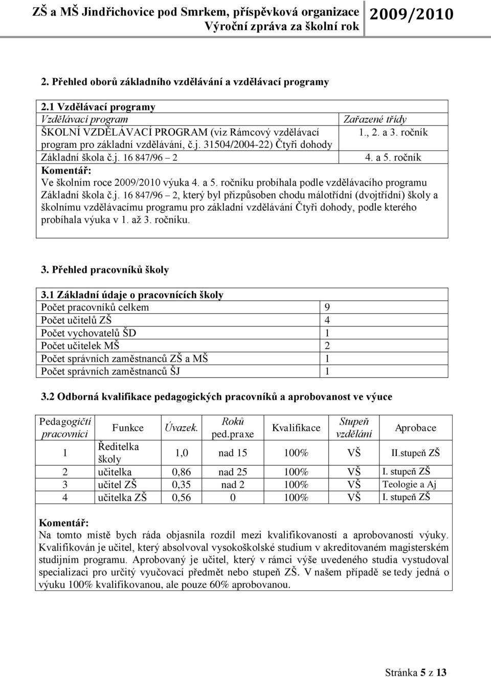 j. 16 847/96 2, který byl přizpůsoben chodu málotřídní (dvojtřídní) školy a školnímu vzdělávacímu programu pro základní vzdělávání Čtyři dohody, podle kterého probíhala výuka v 1. aţ 3.