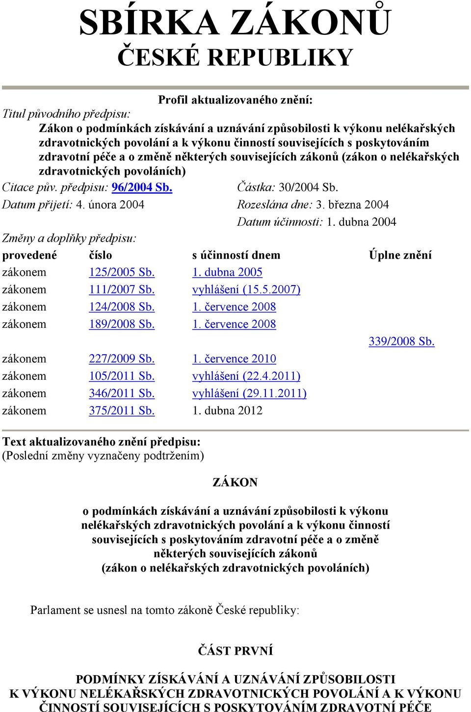 Datum přijetí: 4. února 2004 Rozeslána dne: 3. března 2004 Datum účinnosti: 1. dubna 2004 Změny a doplňky předpisu: provedené číslo s účinností dnem Úplne znění zákonem 125/2005 Sb. 1. dubna 2005 zákonem 111/2007 Sb.