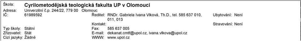 244/22, 779 00 Olomouc 61989592 Ředitel: RNDr. Gabriela Ivana Vlková, Th.D., tel.