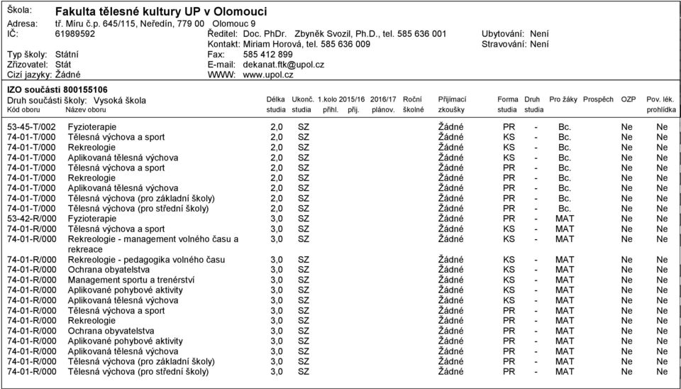 cz Cizí jazyky: WWW: www.upol.cz IZO součásti 800155106 Druh součásti školy: Vysoká škola Délka Ukonč. 1.kolo 2015/16 2016/17 Roční Přijímací Forma Druh Pro ţáky Prospěch OZP Pov. lék.