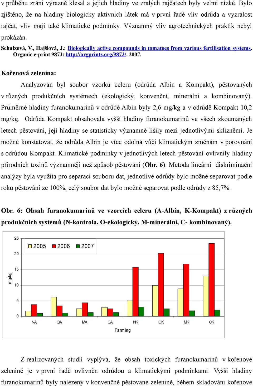 Schulzová, V., Hajšlová, J.: Biologically active compounds in tomatoes from various fertilisation systems. Organic e-print 9873: http://prints./9873/. 2007.