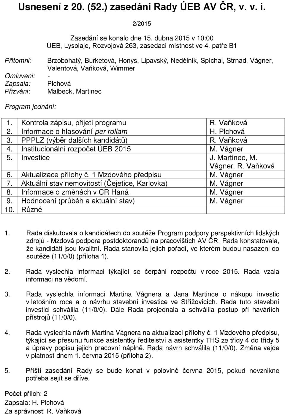 Kontrola zpisu, přijetí programu R. Vaňkov 2. Informace o hlasovní per rollam H. Plchov 3. PPPLZ (výběr dalších kandidtů) R. Vaňkov 4. Institucionlní rozpočet ÚEB 2015 M. Vgner 5. Investice J.
