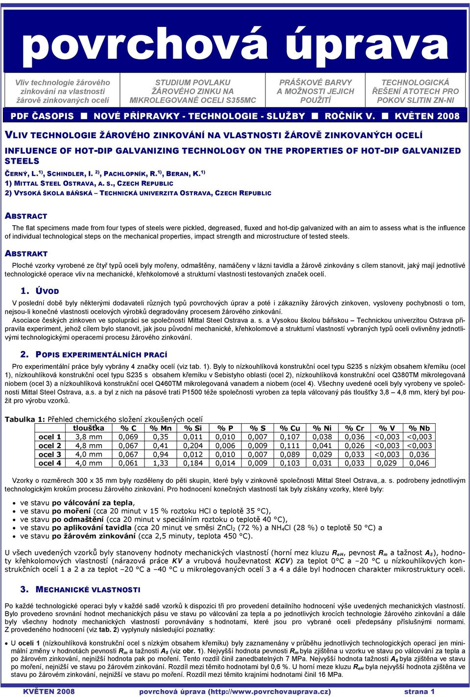 ĚTEN 28 VLIV TECHNOLOGIE ŽÁROVÉHO ZINKOVÁNÍ NA VLASTNOSTI ŽÁROVĚ ZINKOVANÝCH OCELÍ INFLUENCE OF HOT-DIP GALVANIZING TECHNOLOGY ON THE PROPERTIES OF HOT-DIP GALVANIZED STEELS ČERNÝ, L.