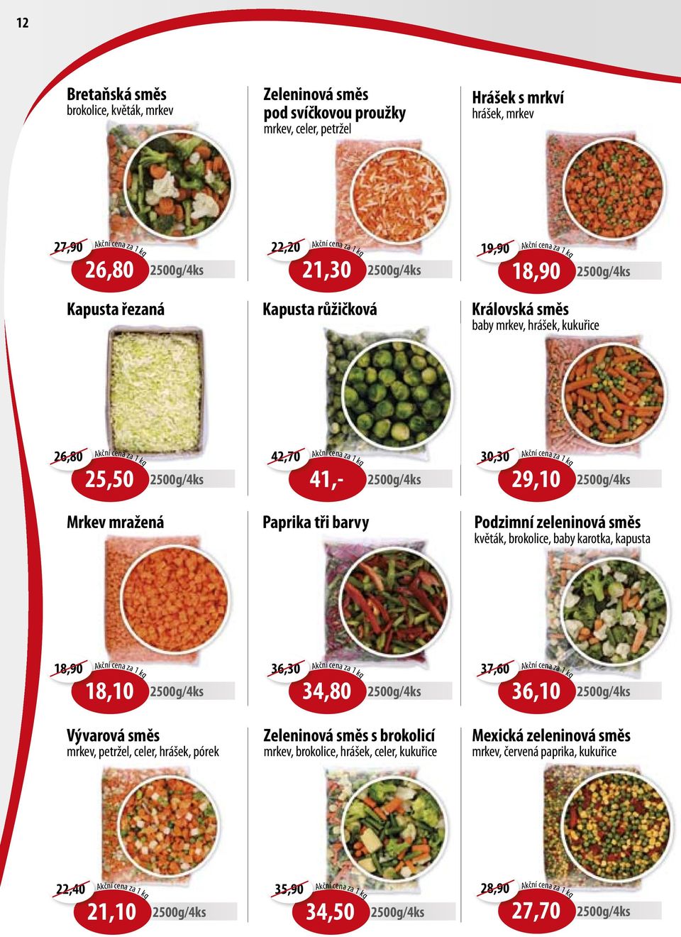 mražená Paprika tři barvy Podzimní zeleninová směs květák, brokolice, baby karotka, kapusta 18,90 kční cena za 1 kg 18,10 Vývarová směs mrkev, petržel, celer, hrášek, pórek 36,30 kční cena za 1 kg