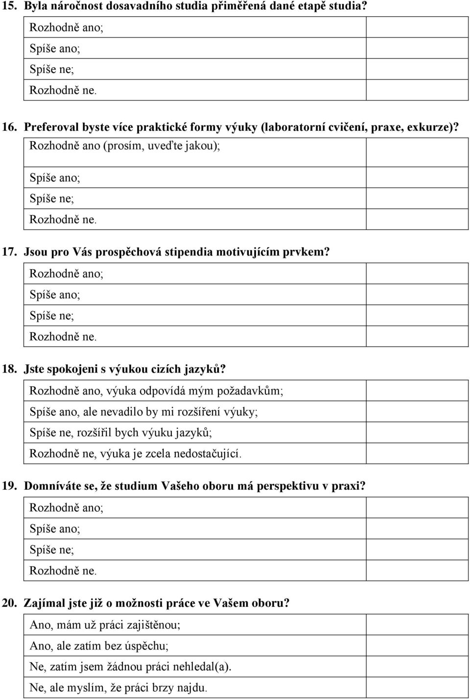 Rozhodně ano, výuka odpovídá mým požadavkům; Spíše ano, ale nevadilo by mi rozšíření výuky; Spíše ne, rozšířil bych výuku jazyků; Rozhodně ne, výuka je zcela nedostačující. 19.