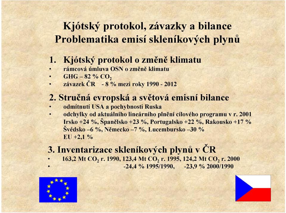 Stručná evropská a světová emisní bilance odmítnutí USA a pochybnosti Ruska odchylky od aktuálního lineárního plněnícílového programu v r.