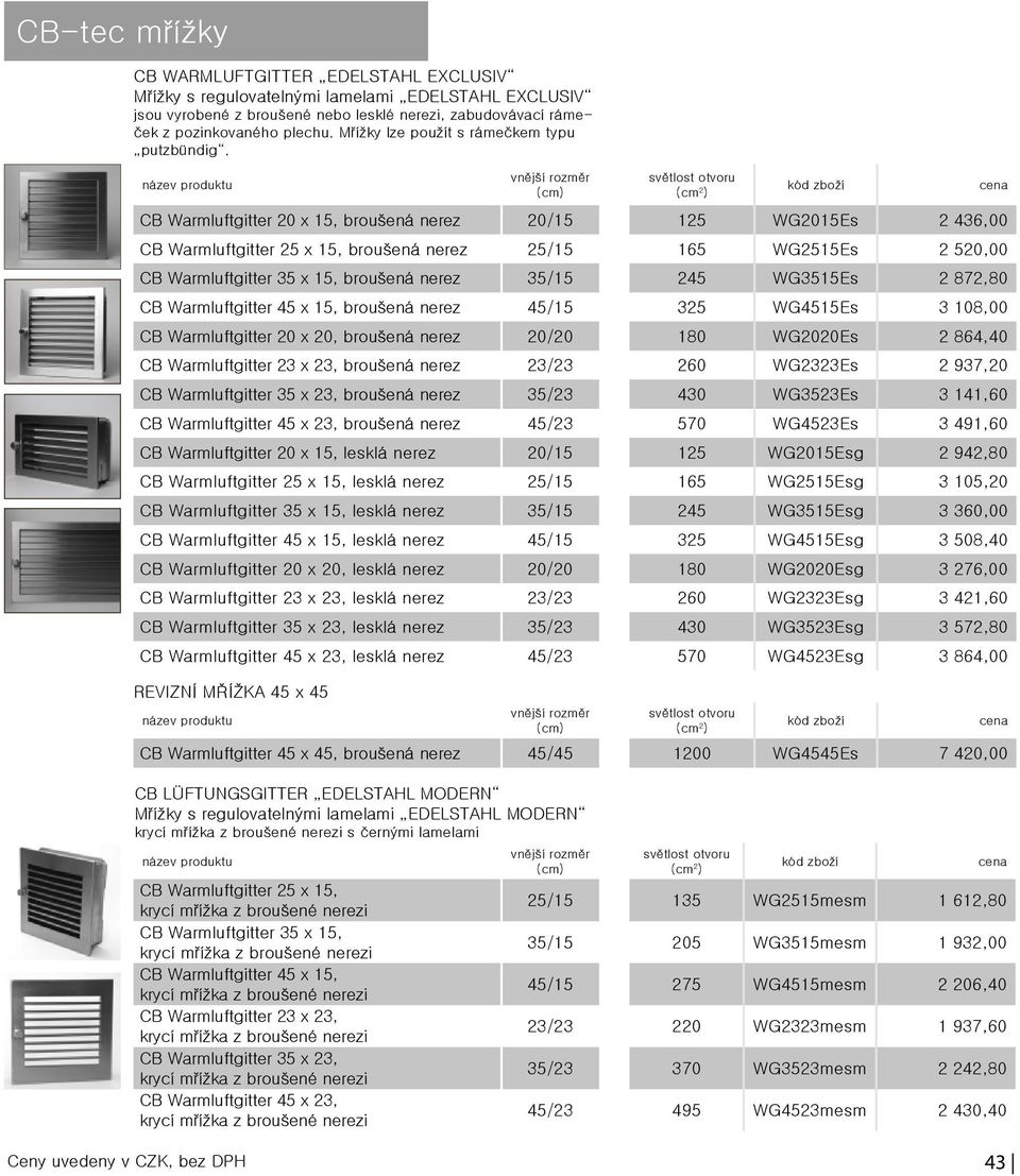 REVIZNÍ MŘÍŽKA 45 x 45 CB LÜFTUNGSGITTER EDELSTAHL MODERN Mřížky s regulovatelnými lamelami EDELSTAHL MODERN s černými lamelami CB Warmluftgitter 20 x 15, broušená nerez 20/15 125 WG2015Es 2 436,00