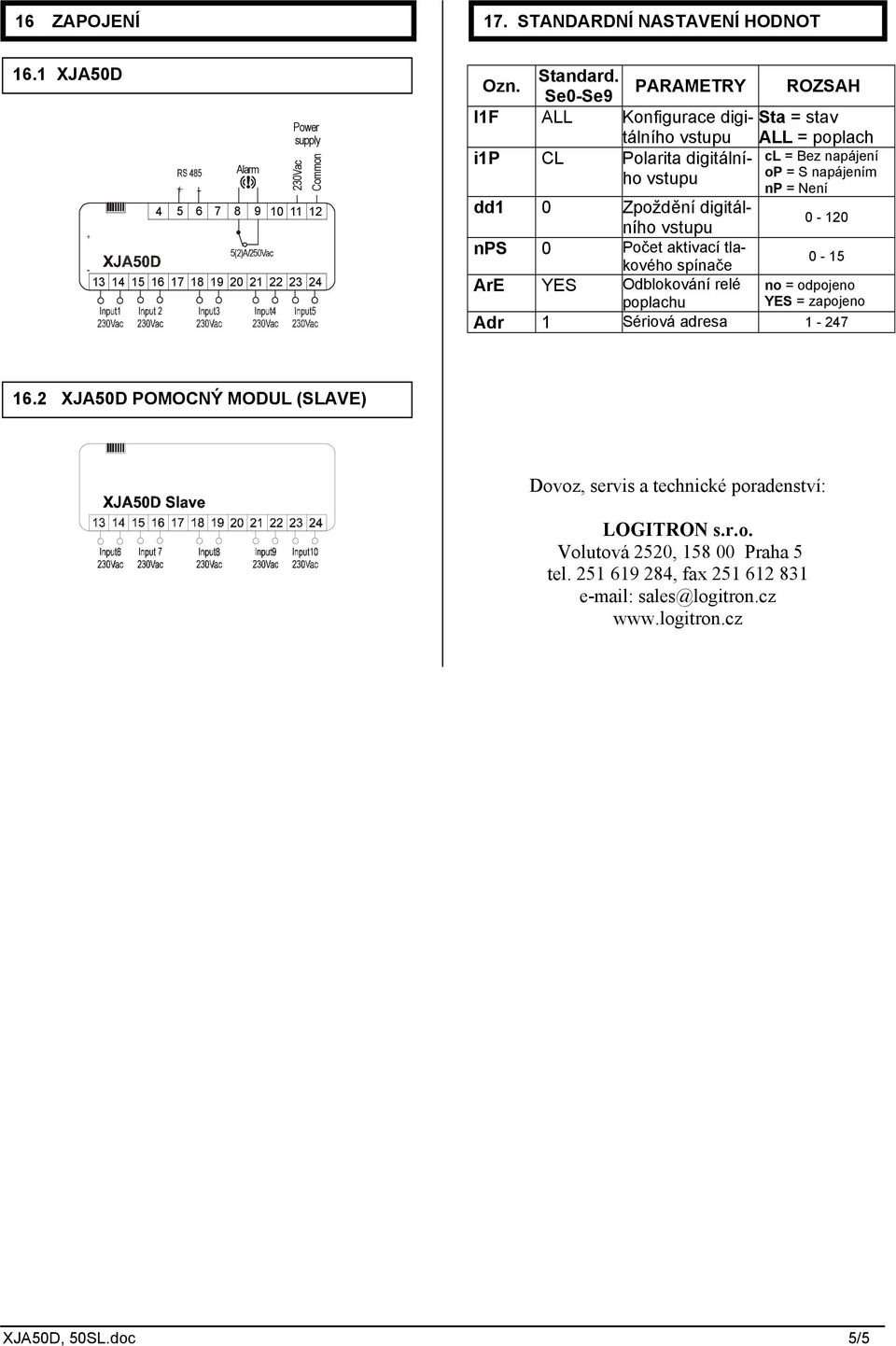 digitálního vstupu 0-120 nps 0 Počet aktivací tlakového spínače 0-15 ArE YES Odblokování relé poplachu Adr 1 Sériová adresa 1-247 no = odpojeno YES = zapojeno 16.