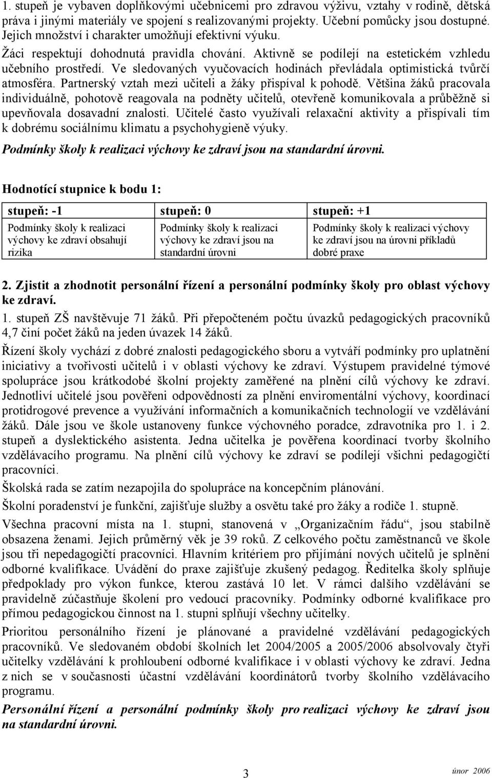Ve sledovaných vyučovacích hodinách převládala optimistická tvůrčí atmosféra. Partnerský vztah mezi učiteli a žáky přispíval k pohodě.