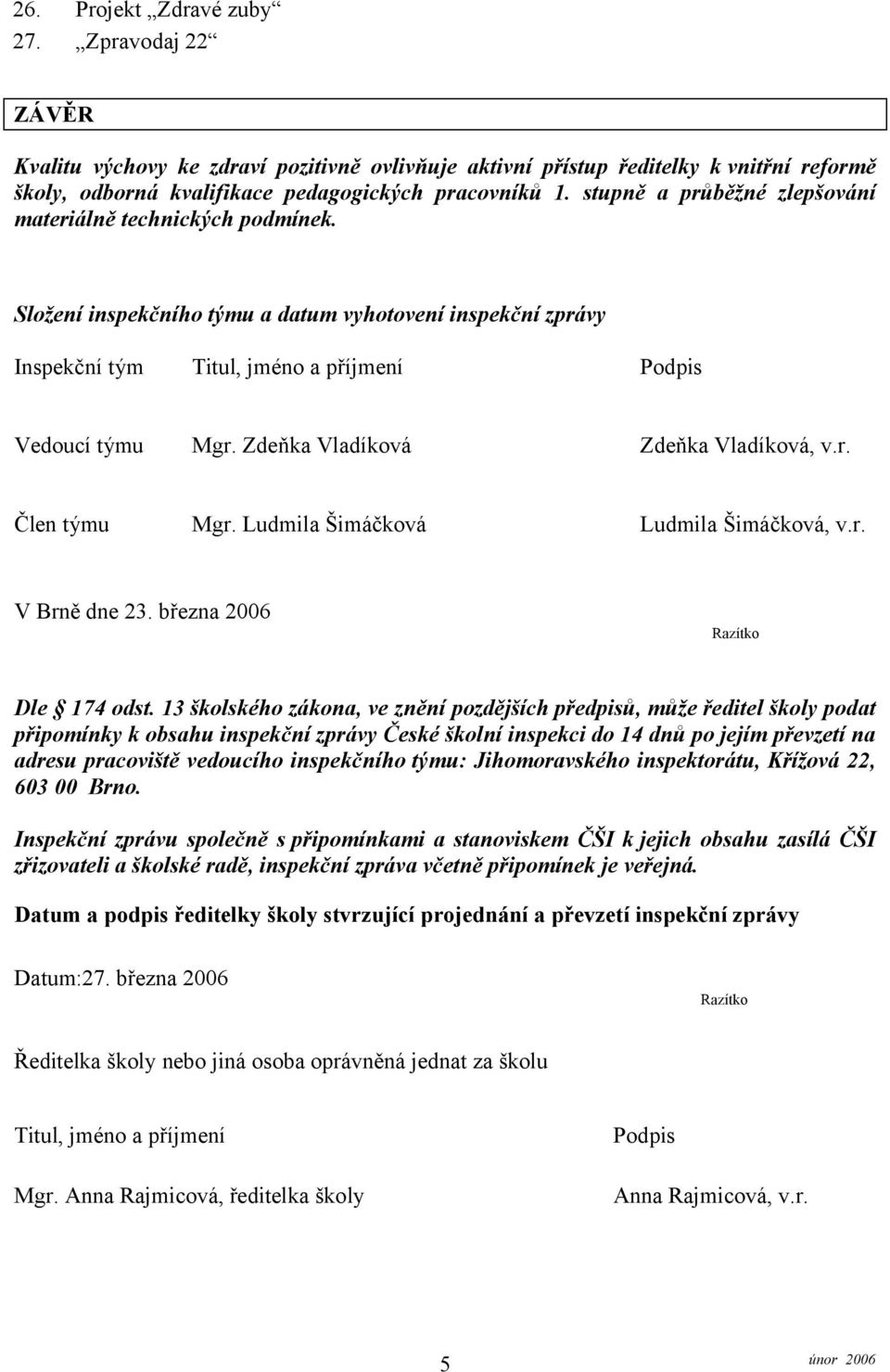 Zdeňka Vladíková Zdeňka Vladíková, v.r. Člen týmu Mgr. Ludmila Šimáčková Ludmila Šimáčková, v.r. V Brně dne 23. března 2006 Razítko Dle 174 odst.