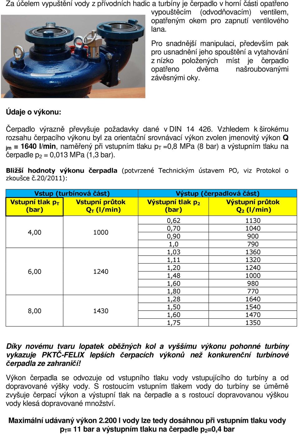 Údaje o výkonu: Čerpadlo výrazně převyšuje požadavky dané v DIN 14 426.