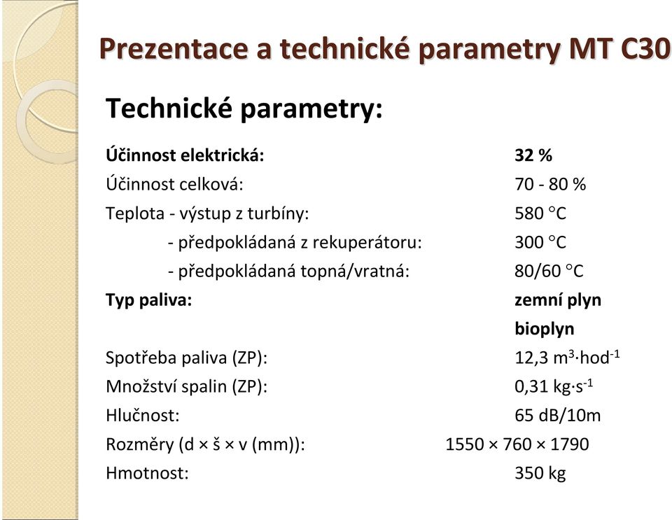 předpokládaná topná/vratná: 80/60 C Typ paliva: zemní plyn bioplyn Spotřeba paliva (ZP): 12,3 m 3