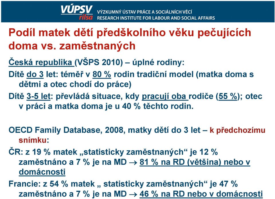 3-5 let: převládá situace, kdy pracují oba rodiče (55 %); otec v práci a matka doma je u 40 % těchto rodin.