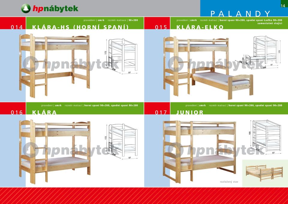 PALANDY 1 016 KLÁRA rozměr matrací horní spaní 90 200, spodní spaní 90 200