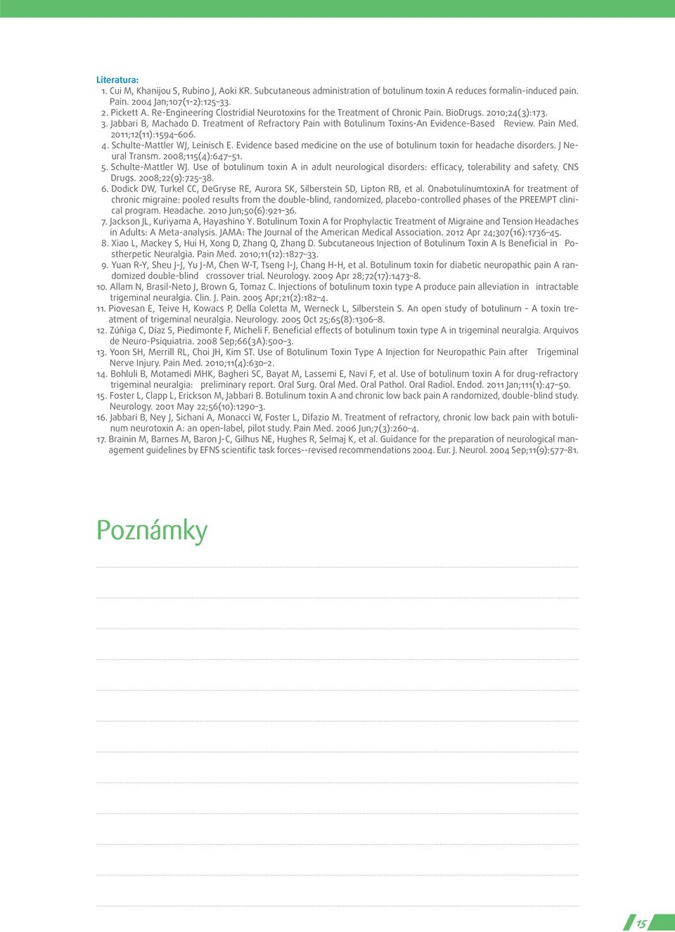 Treatment of Refractory Pain with Botulinum Toxins-An Evidence-Based Review. Pain Med. 2011;12(11):1594 606. 4. Schulte-Mattler WJ, Leinisch E.