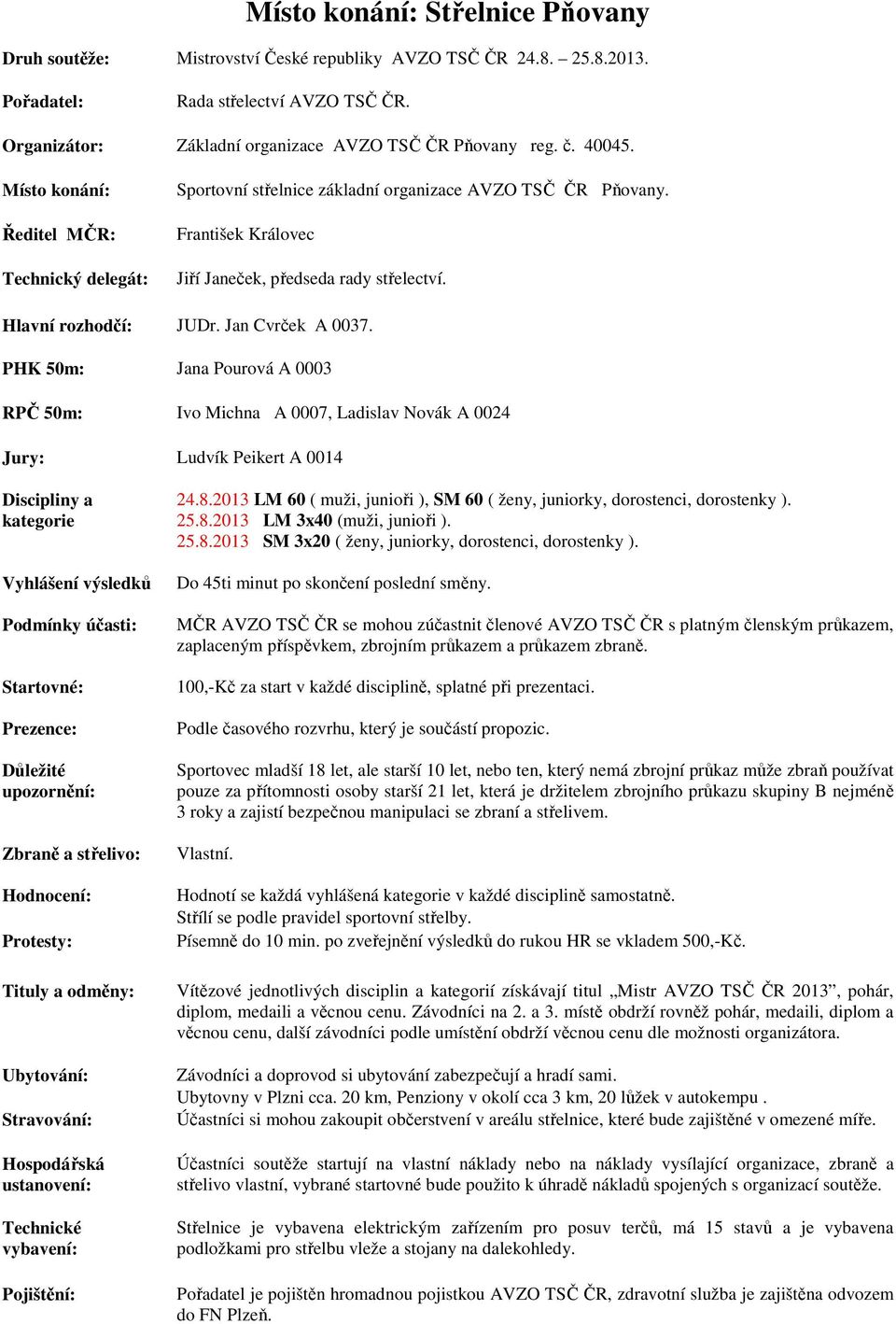 Jan Cvrček A 0037. PHK 50m: Jana Pourová A 0003 RPČ 50m: Ivo Michna A 0007, Ladislav Novák A 0024 Jury: Ludvík Peikert A 0014 Discipliny a 24.8.
