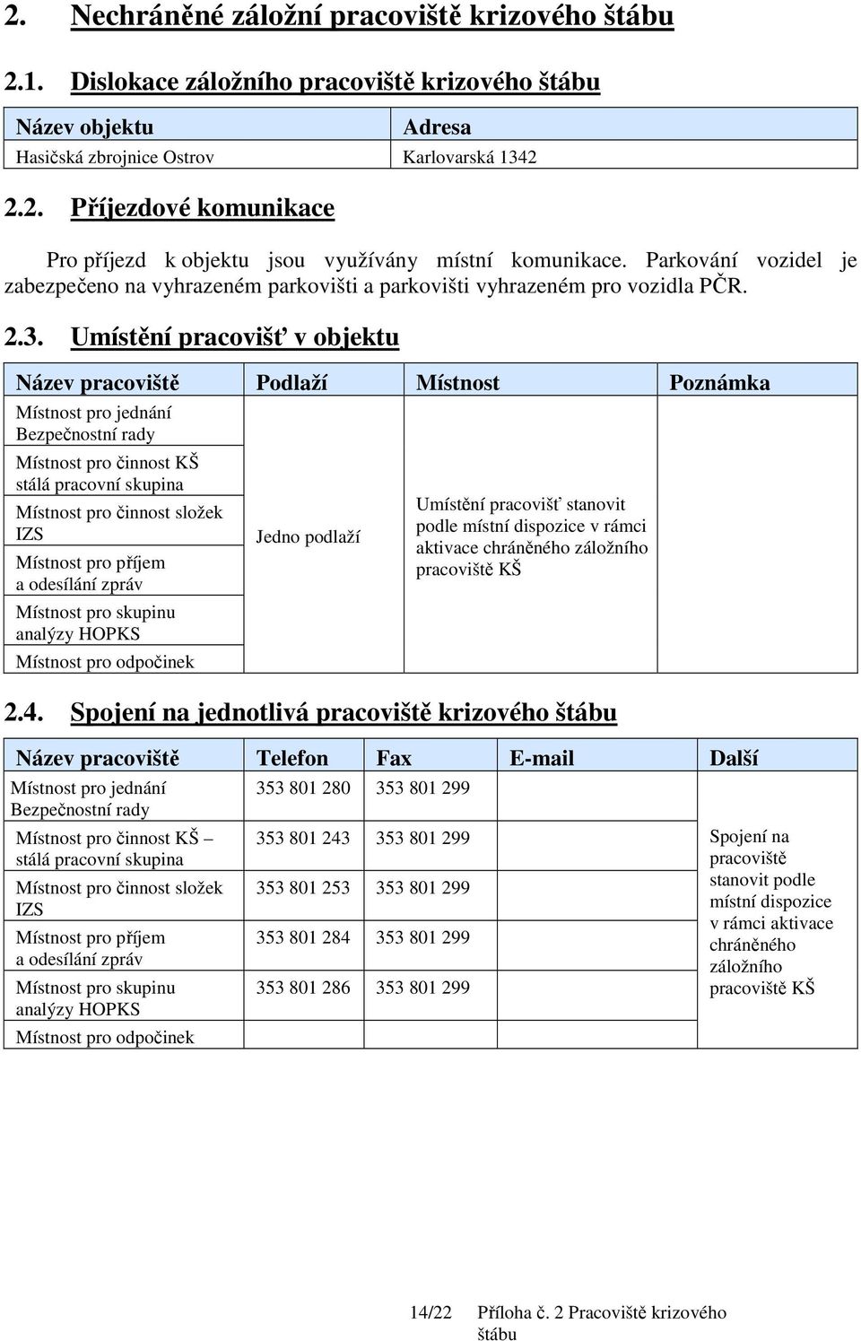 Umístění pracovišť v objektu Název pracoviště Podlaží Místnost Poznámka Místnost pro jednání Bezpečnostní rady Místnost pro činnost KŠ stálá pracovní skupina Místnost pro činnost složek IZS Místnost