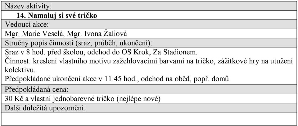 Činnost: kreslení vlastního motivu zažehlovacími barvami na tričko, zážitkové hry na