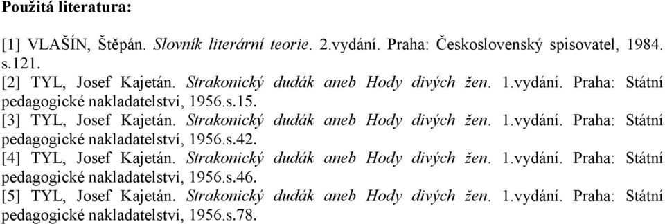 Strakonický dudák aneb Hody divých žen. 1.vydání. Praha: Státní pedagogické nakladatelství, 1956.s.42. [4] TYL, Josef Kajetán.