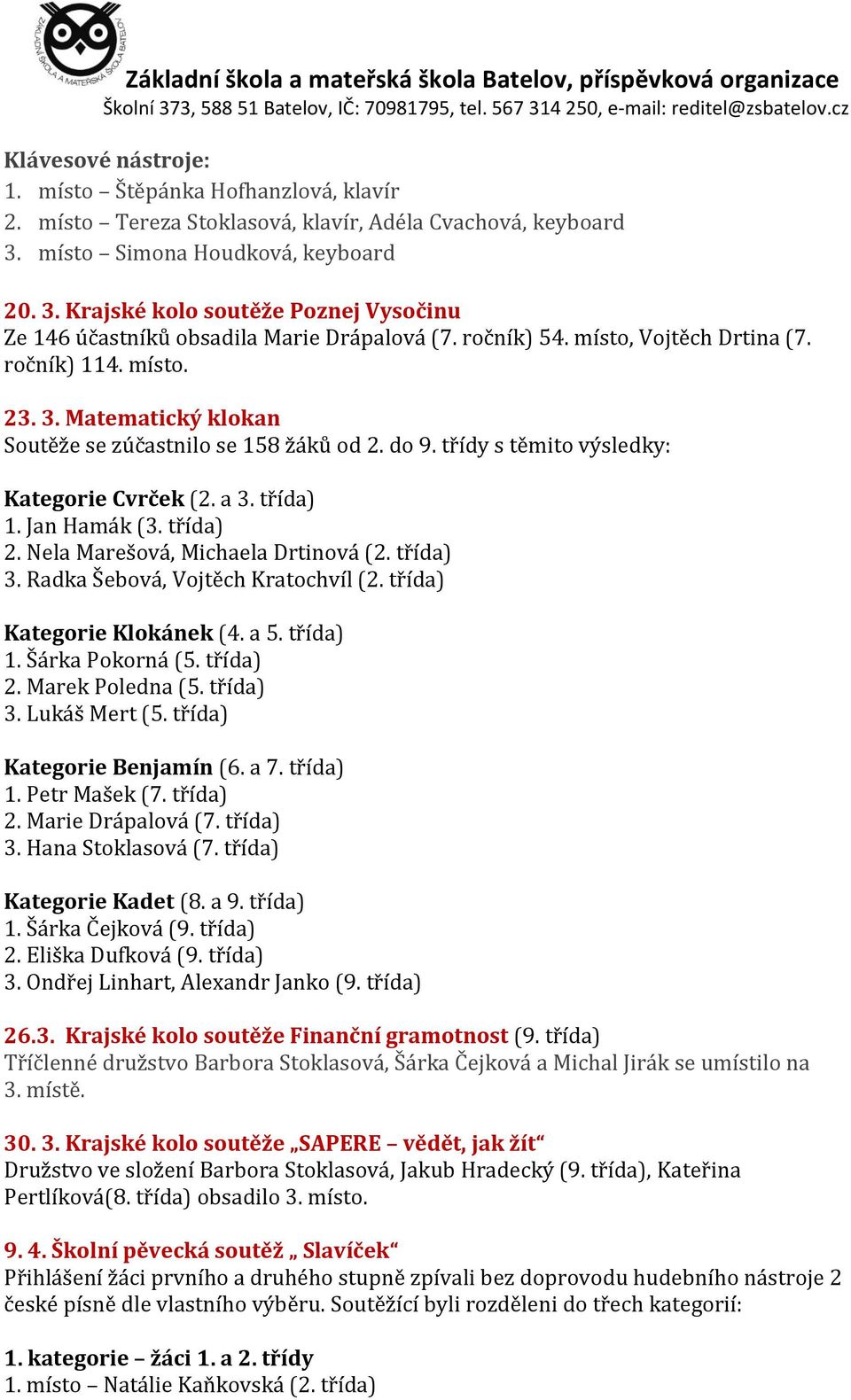 do 9. třídy s těmito výsledky: Kategorie Cvrček (2. a 3. třída) 1. Jan Hamák (3. třída) 2. Nela Marešová, Michaela Drtinová (2. třída) 3. Radka Šebová, Vojtěch Kratochvíl (2.