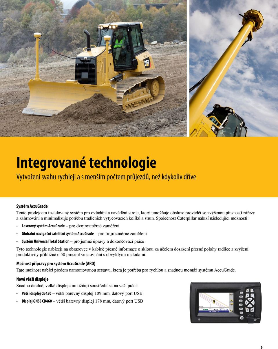 Společnost Caterpillar nabízí následující možnosti: Laserový systém AccuGrade pro dvojrozměrné zaměření Globální navigační satelitní systém AccuGrade pro trojrozměrné zaměření Systém Universal Total